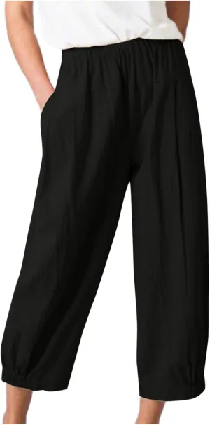SMIDOW Women's Capris and Cropped Pants Dressy Casual Cotton Linen Pant Elastic High Waist Loose Wide Leg Long Trousers
