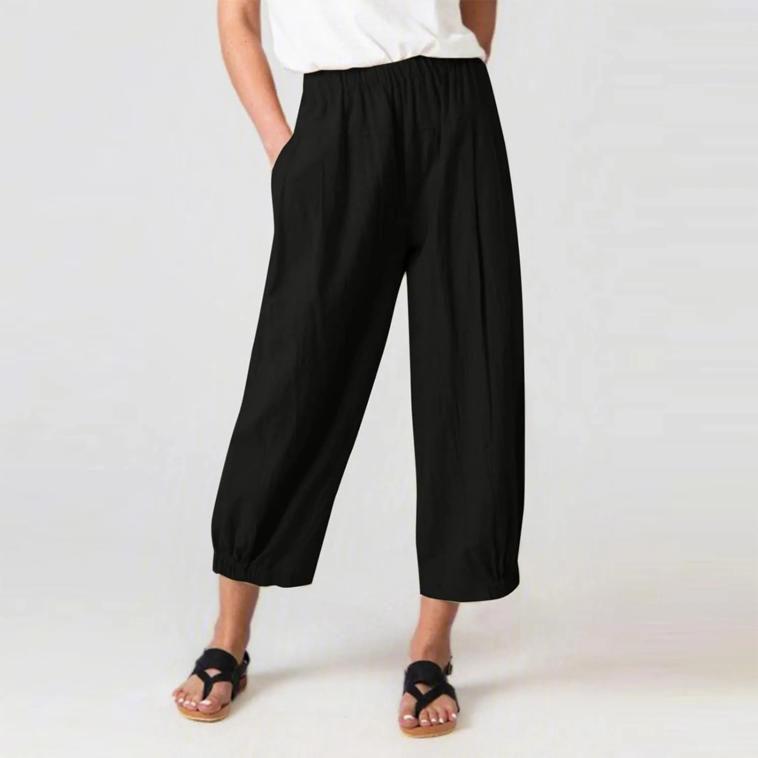 SMIDOW Women's Capris and Cropped Pants Dressy Casual Cotton Linen Pant Elastic High Waist Loose Wide Leg Long Trousers