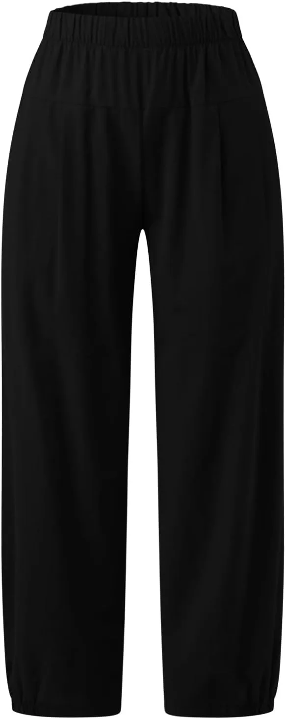 SMIDOW Women's Capris and Cropped Pants Dressy Casual Cotton Linen Pant Elastic High Waist Loose Wide Leg Long Trousers