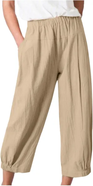 SMIDOW Women's Capris and Cropped Pants Dressy Casual Cotton Linen Pant Elastic High Waist Loose Wide Leg Long Trousers