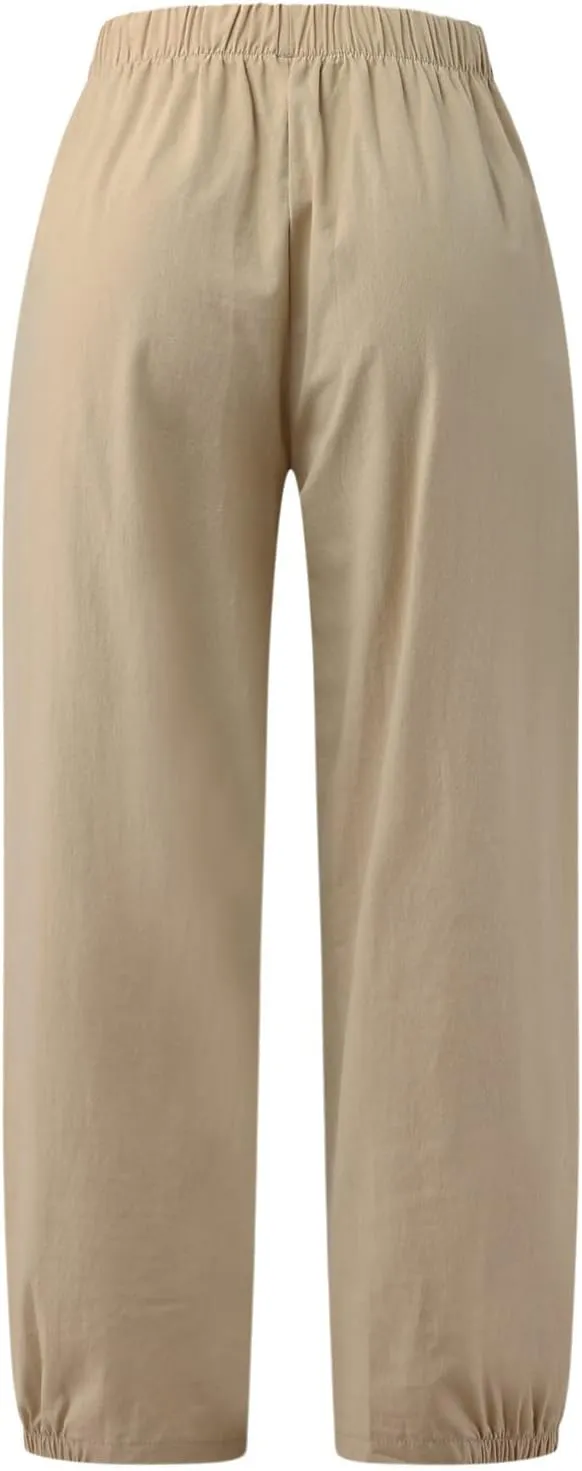 SMIDOW Women's Capris and Cropped Pants Dressy Casual Cotton Linen Pant Elastic High Waist Loose Wide Leg Long Trousers
