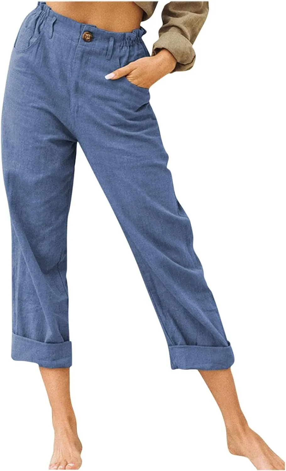 SMIDOW Womens Linen Button Cropped Pants Elastic High Waist Casual Loose Comfy Straight Leg Capris Lounge Trouser Dressy