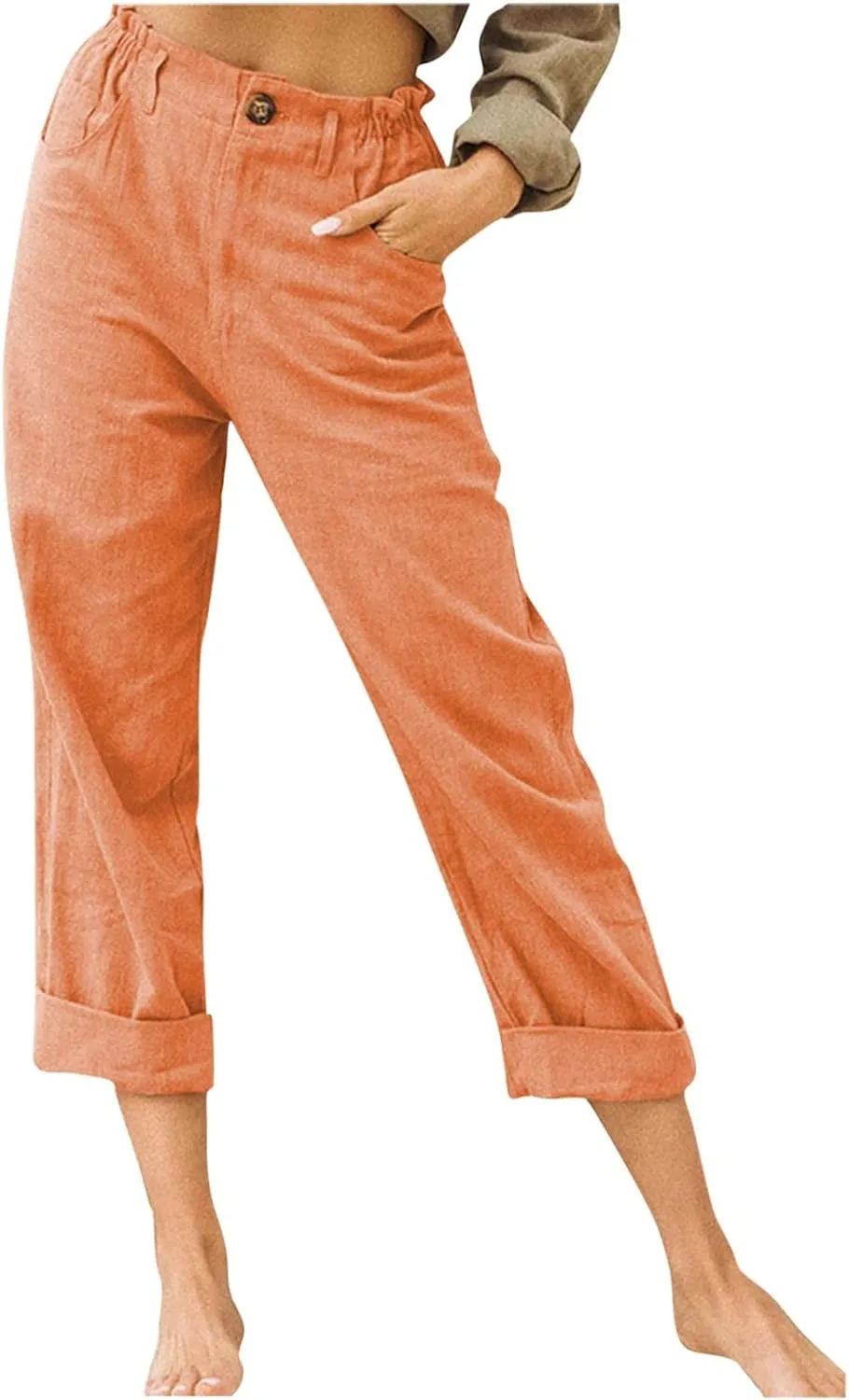 SMIDOW Womens Linen Button Cropped Pants Elastic High Waist Casual Loose Comfy Straight Leg Capris Lounge Trouser Dressy