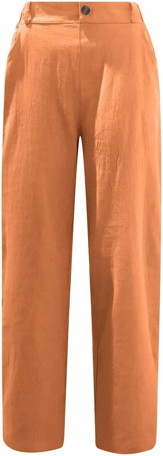 SMIDOW Womens Linen Button Cropped Pants Elastic High Waist Casual Loose Comfy Straight Leg Capris Lounge Trouser Dressy