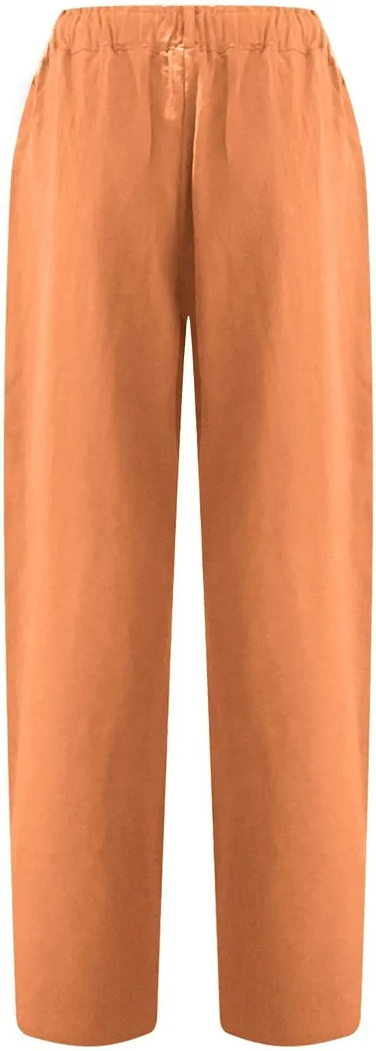 SMIDOW Womens Linen Button Cropped Pants Elastic High Waist Casual Loose Comfy Straight Leg Capris Lounge Trouser Dressy