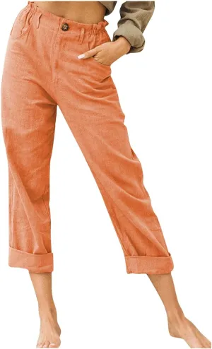 SMIDOW Womens Linen Button Cropped Pants Elastic High Waist Casual Loose Comfy Straight Leg Capris Lounge Trouser Dressy