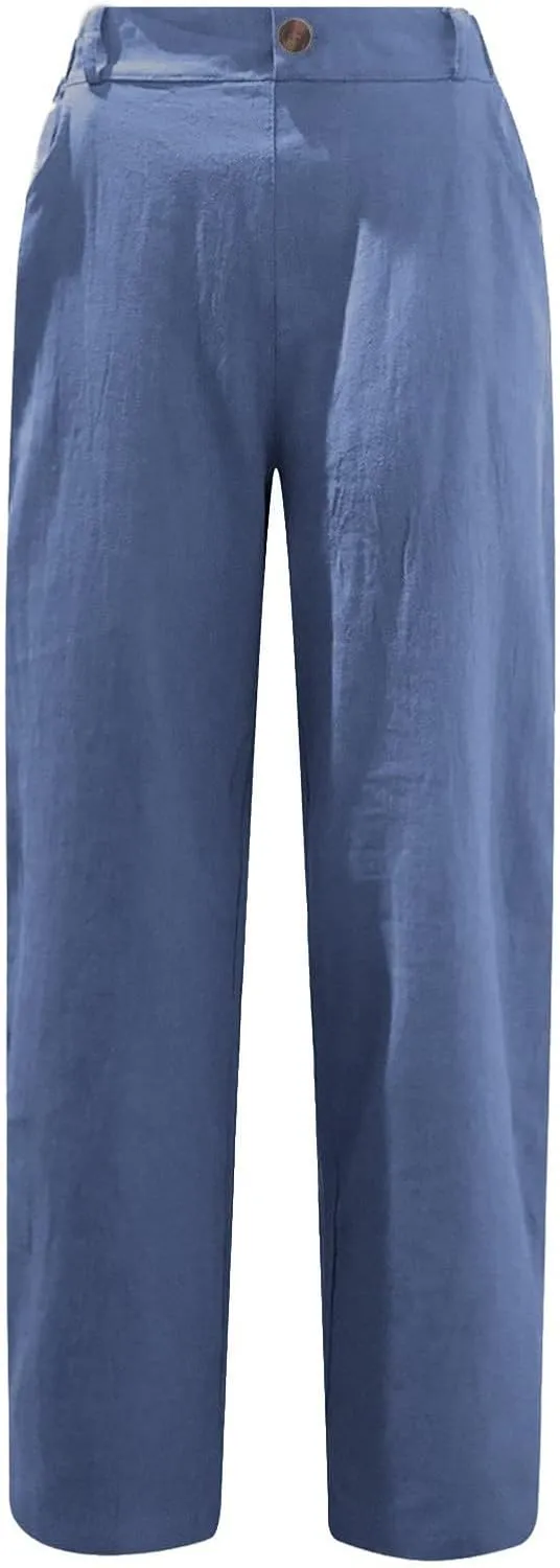 SMIDOW Womens Linen Button Cropped Pants Elastic High Waist Casual Loose Comfy Straight Leg Capris Lounge Trouser Dressy