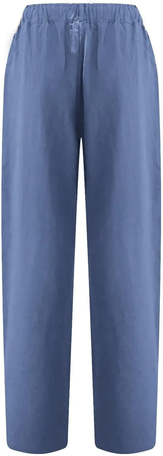 SMIDOW Womens Linen Button Cropped Pants Elastic High Waist Casual Loose Comfy Straight Leg Capris Lounge Trouser Dressy