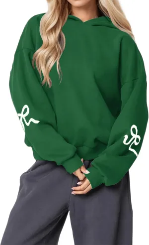 Smoneyful Womens Cute Bow Trim Print Hoodies Long Sleeve Fleeced Trendy Hooded Sweatshirts Oversized Pullover Tops