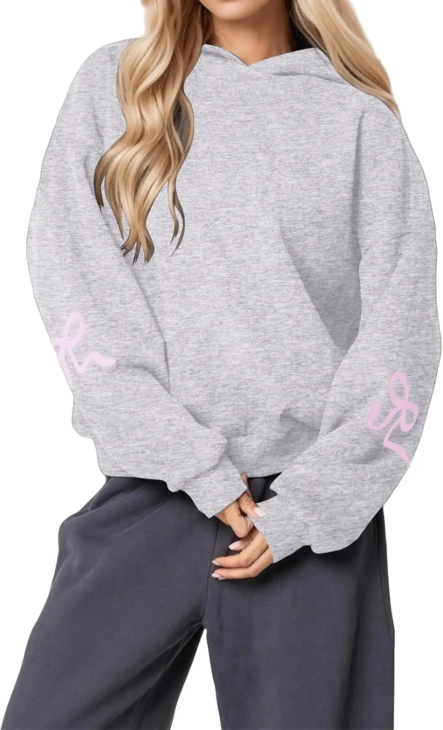 Smoneyful Womens Cute Bow Trim Print Hoodies Long Sleeve Fleeced Trendy Hooded Sweatshirts Oversized Pullover Tops