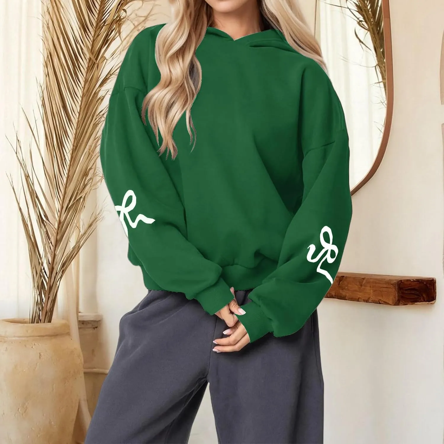 Smoneyful Womens Cute Bow Trim Print Hoodies Long Sleeve Fleeced Trendy Hooded Sweatshirts Oversized Pullover Tops