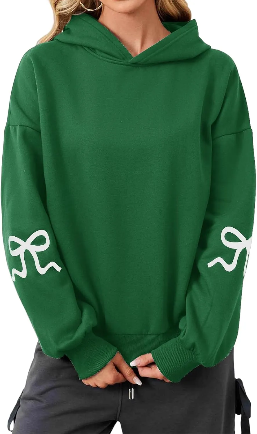 Smoneyful Womens Cute Bow Trim Print Hoodies Long Sleeve Fleeced Trendy Hooded Sweatshirts Oversized Pullover Tops