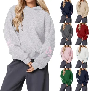 Smoneyful Womens Cute Bow Trim Print Hoodies Long Sleeve Fleeced Trendy Hooded Sweatshirts Oversized Pullover Tops