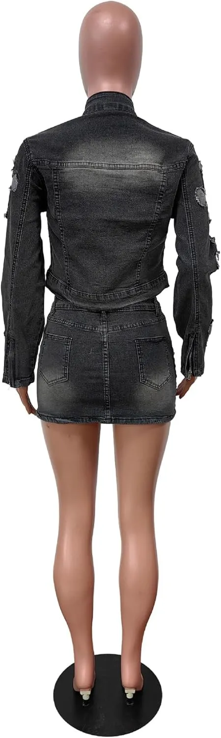 SOMTHRON Women's Denim 2 Piece Skirt Jacket Set Long Sleeve Cropped Jean Jacket High Waisted Skirt Tracksuit Outfits