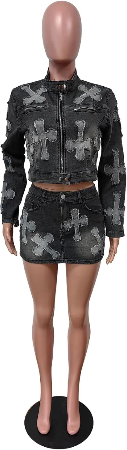 SOMTHRON Women's Denim 2 Piece Skirt Jacket Set Long Sleeve Cropped Jean Jacket High Waisted Skirt Tracksuit Outfits