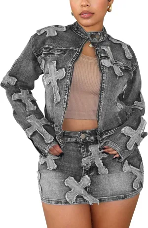 SOMTHRON Women's Denim 2 Piece Skirt Jacket Set Long Sleeve Cropped Jean Jacket High Waisted Skirt Tracksuit Outfits