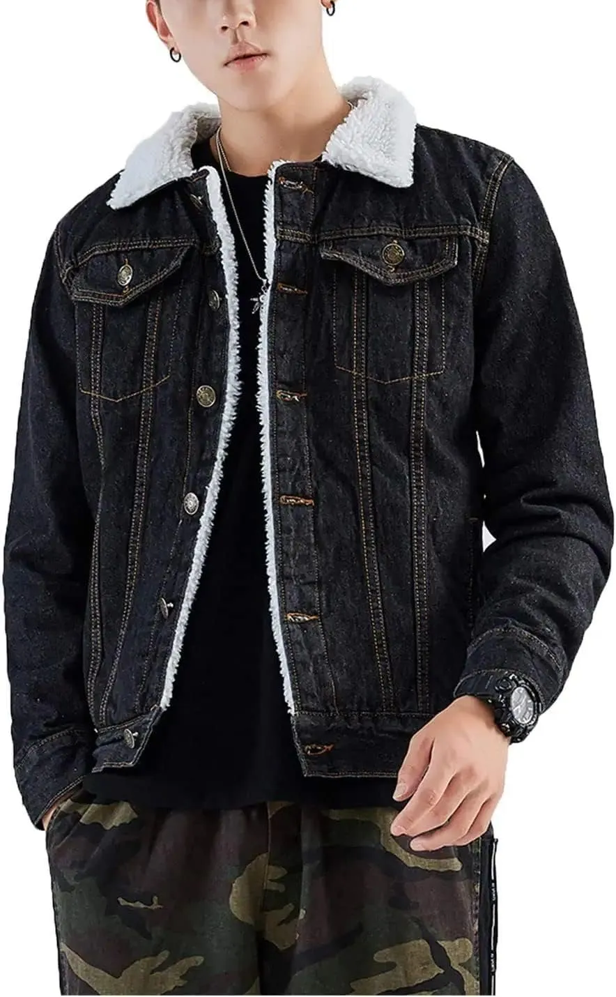 Springrain Men's Sherpa Fleece Lined Denim Jacket Warm Winter Trucker Jacket Cowboy Jean Jacket