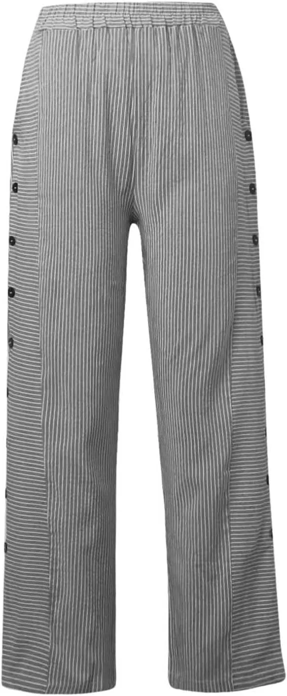 Striped Linen Pants Women Elastic Waist Casual Pants with Pockets Side Button Straight Leg Trousers Vacation Beach Pants