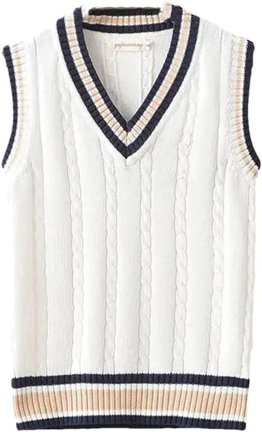 Striped White Knitted Sweaters for Men Blue Sleeveless Clothes V Neck Vest Red Waistcoat Jumpers Sweat-Shirt
