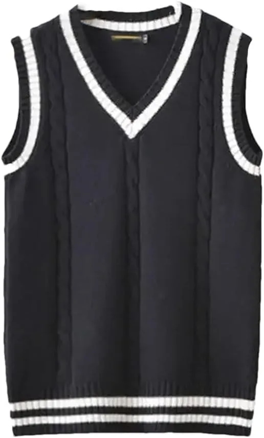 Striped White Knitted Sweaters for Men Blue Sleeveless Clothes V Neck Vest Red Waistcoat Jumpers Sweat-Shirt