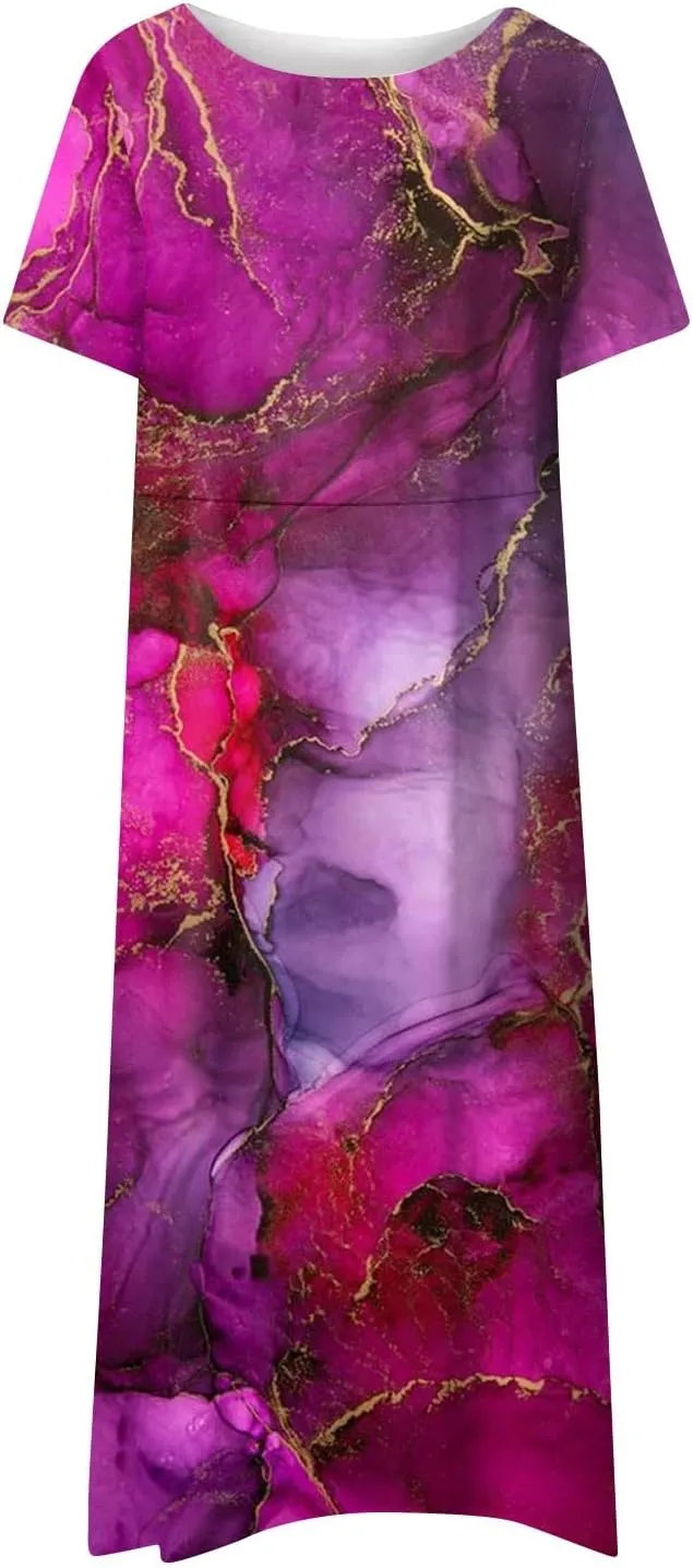 Summer Dresses for Women 2024 Pocket Short Sleeve Beach Dress Printed Pleated Dresses Round Neck Comfy Maxi Dress