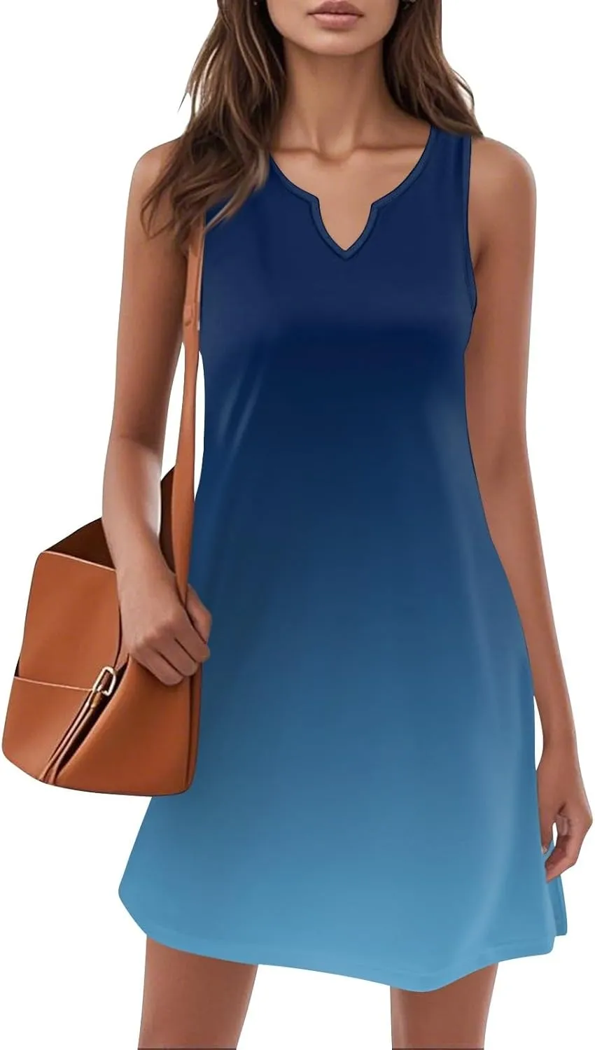 Summer Dresses for Women 2025 Casual A Line Sundress Sleeveless Crew Neck Beach Vacation Dress Printed Tank Dress