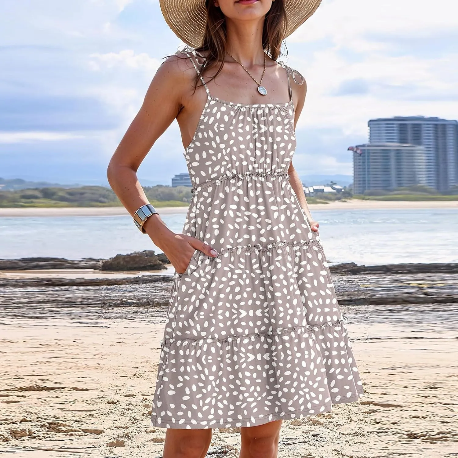 Summer Dresses for Women 2025 Casual Spaghetti Strap Sleeveless Boho Dress Tiered Ruffle Flowy Swing Mini Beach Sundress