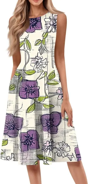 Summer Dresses for Women 2025 Midi Short Sleeve Crew Neck Sleeveless Dresses Beach Sundress with Side Pocket A Line Dress