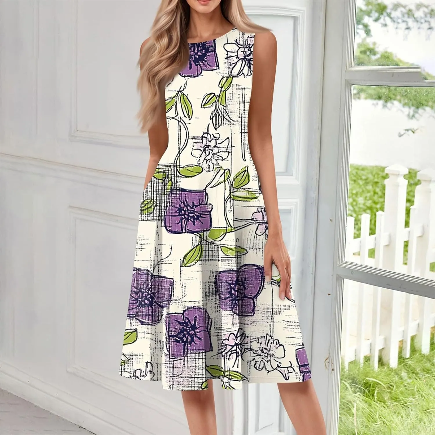 Summer Dresses for Women 2025 Midi Short Sleeve Crew Neck Sleeveless Dresses Beach Sundress with Side Pocket A Line Dress