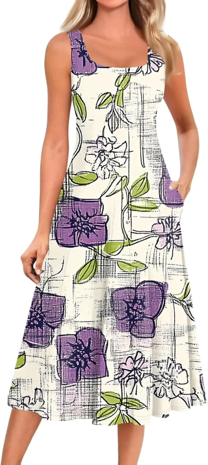 Summer Dresses for Women 2025 Midi Short Sleeve Crew Neck Sleeveless Dresses Beach Sundress with Side Pocket A Line Dress