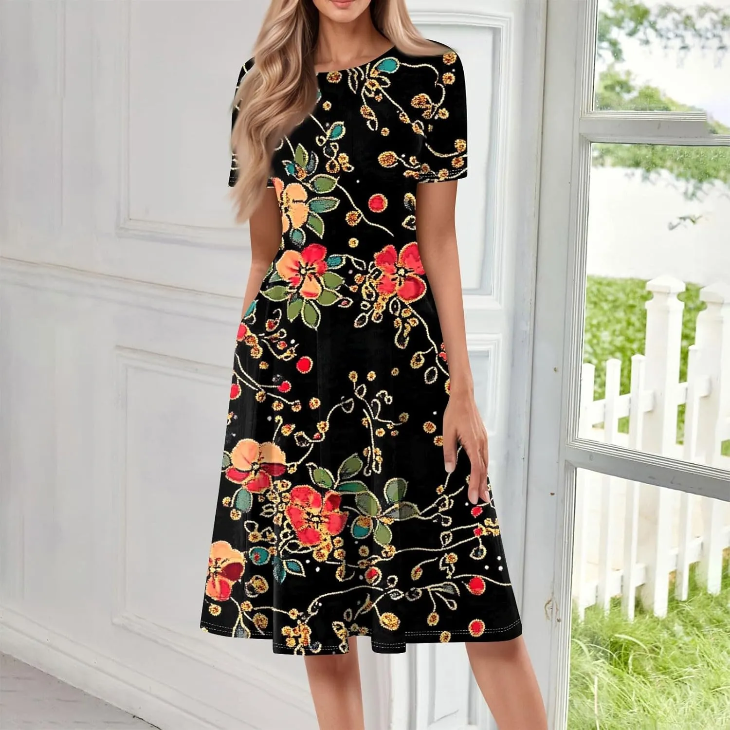 Summer Dresses for Women 2025 Midi Short Sleeve Round Neck Dresses Elegant Pleated with Pocket Flower Print Dress