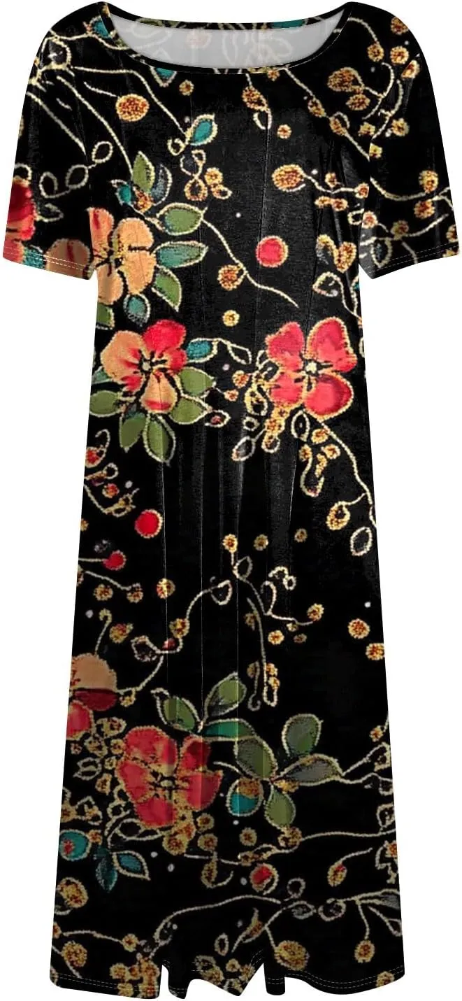Summer Dresses for Women 2025 Midi Short Sleeve Round Neck Dresses Elegant Pleated with Pocket Flower Print Dress