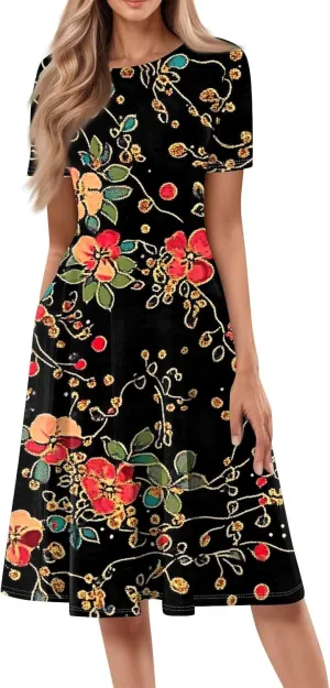Summer Dresses for Women 2025 Midi Short Sleeve Round Neck Dresses Elegant Pleated with Pocket Flower Print Dress