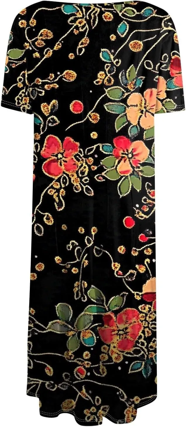 Summer Dresses for Women 2025 Midi Short Sleeve Round Neck Dresses Elegant Pleated with Pocket Flower Print Dress