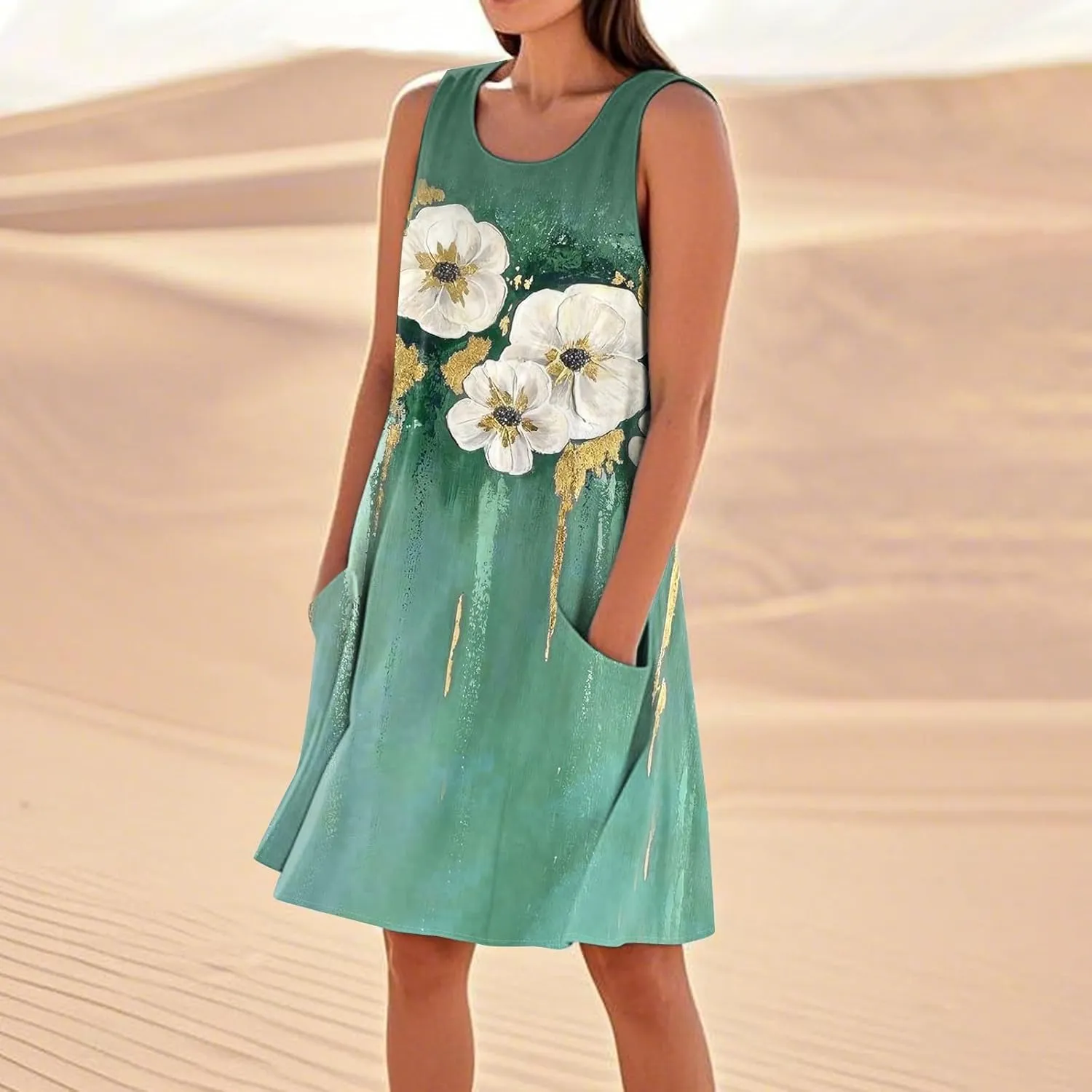 Summer Dresses for Women 2025 Round Neck Short Sleeve Cotton Linen Dress Beach Vacation Sundresses with Pockets