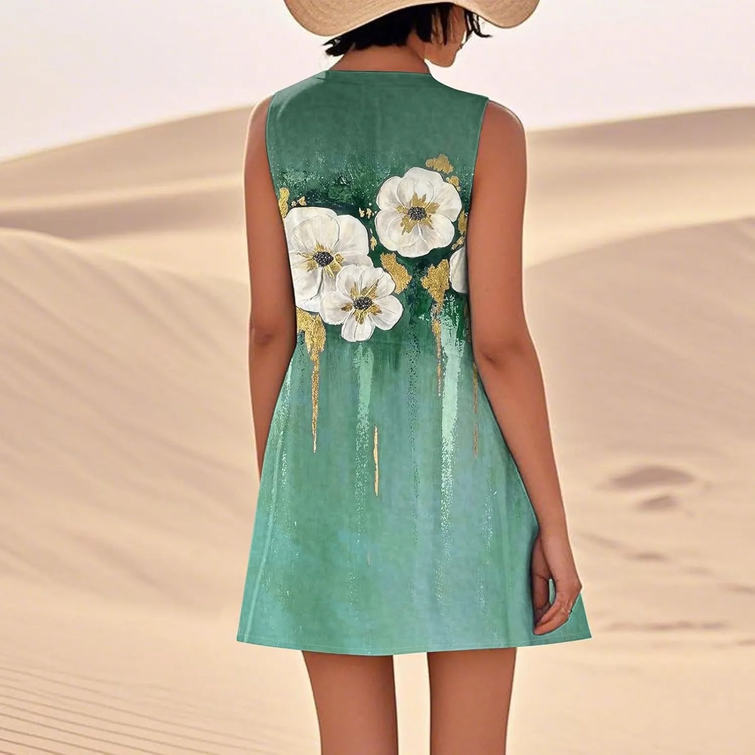 Summer Dresses for Women 2025 Round Neck Short Sleeve Cotton Linen Dress Beach Vacation Sundresses with Pockets
