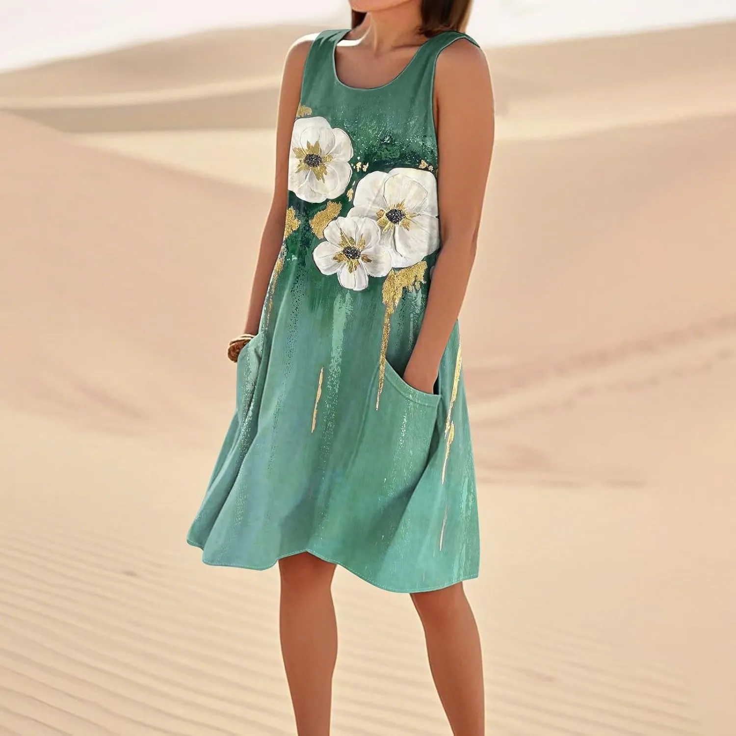 Summer Dresses for Women 2025 Round Neck Short Sleeve Cotton Linen Dress Beach Vacation Sundresses with Pockets
