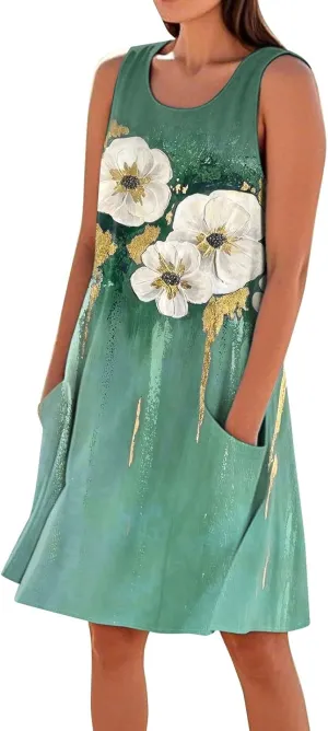 Summer Dresses for Women 2025 Round Neck Short Sleeve Cotton Linen Dress Beach Vacation Sundresses with Pockets