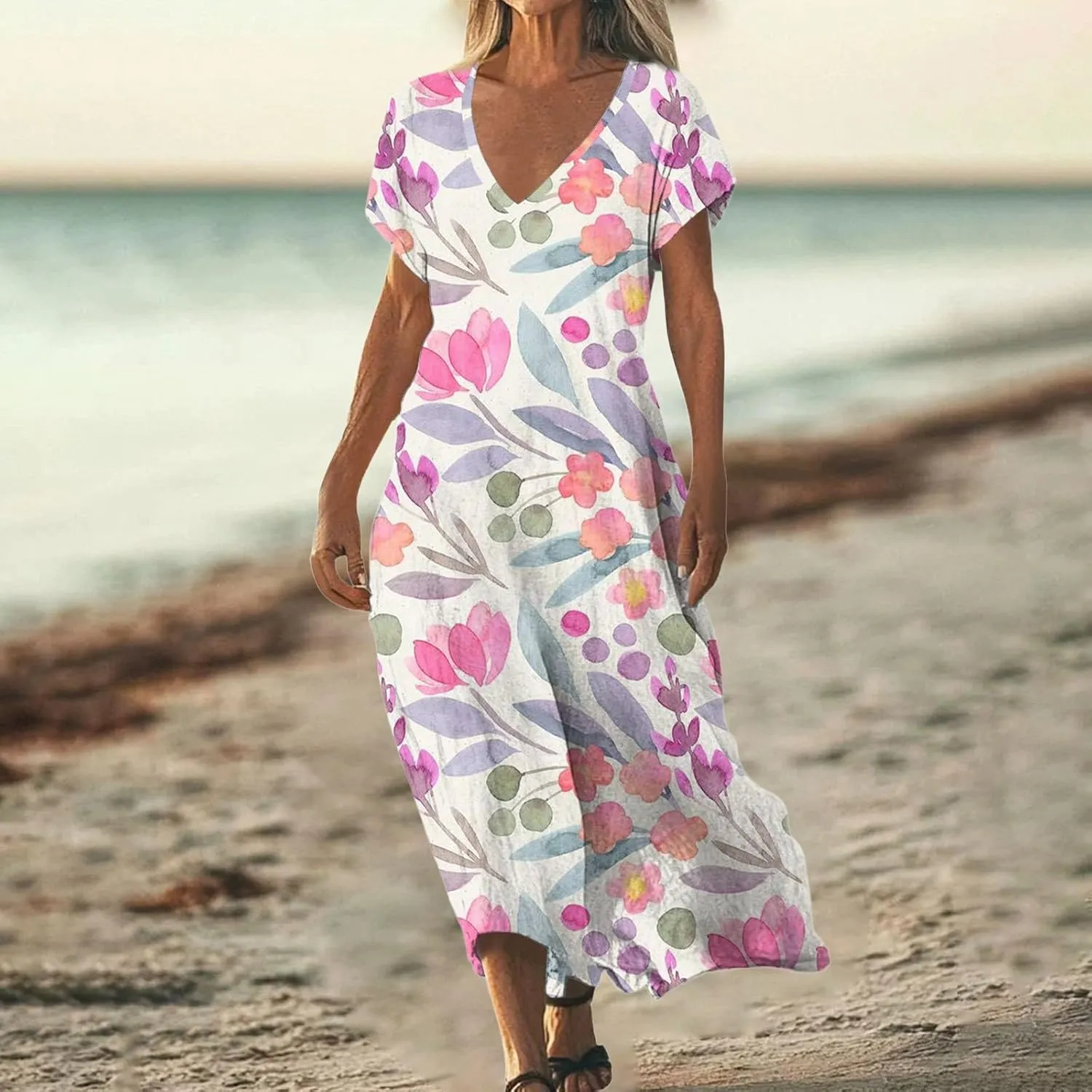 Summer Dresses for Women 2025 Short Sleeve V Neck Casual Loose Dresses Bohemian Floral Print Sundress