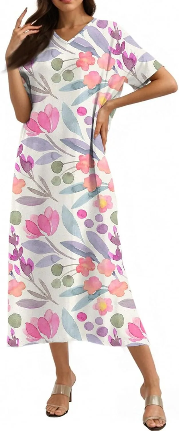 Summer Dresses for Women 2025 Short Sleeve V Neck Casual Loose Dresses Bohemian Floral Print Sundress