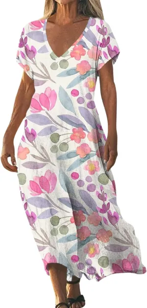 Summer Dresses for Women 2025 Short Sleeve V Neck Casual Loose Dresses Bohemian Floral Print Sundress
