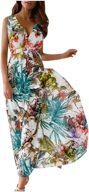 Summer Dresses for Women 2025 Trendy Sleeveless V Neck Floral Hawaiian Dress Flowy Maxi Sexy Beach Sundresses