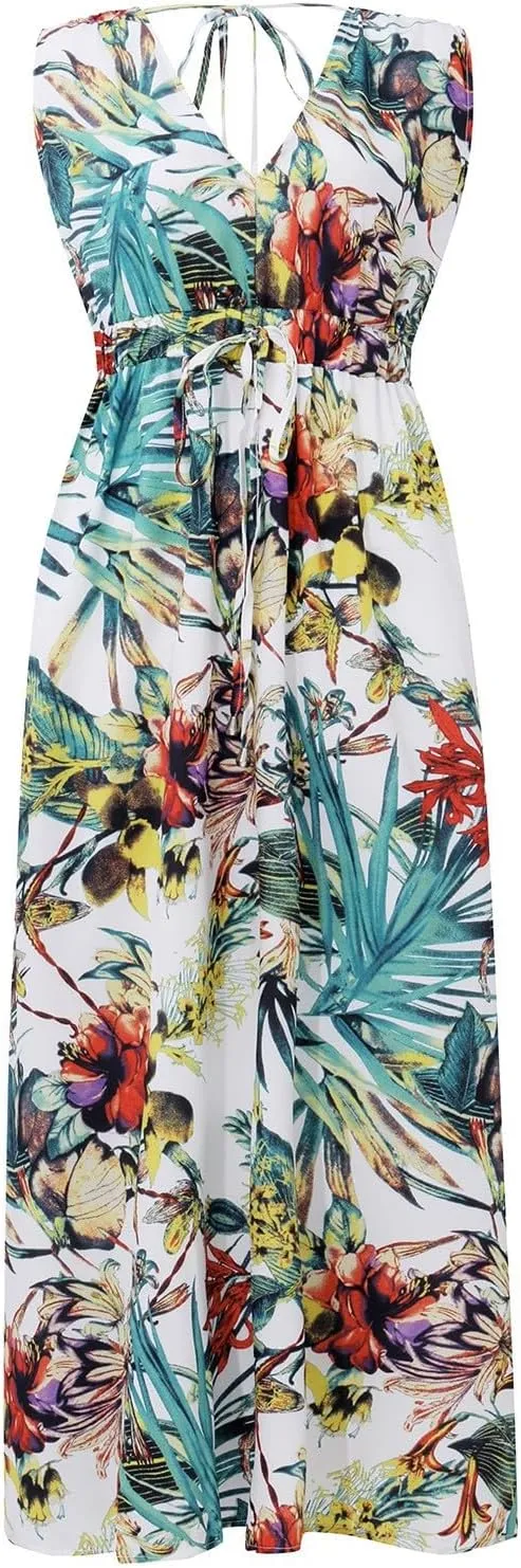 Summer Dresses for Women 2025 Trendy Sleeveless V Neck Floral Hawaiian Dress Flowy Maxi Sexy Beach Sundresses