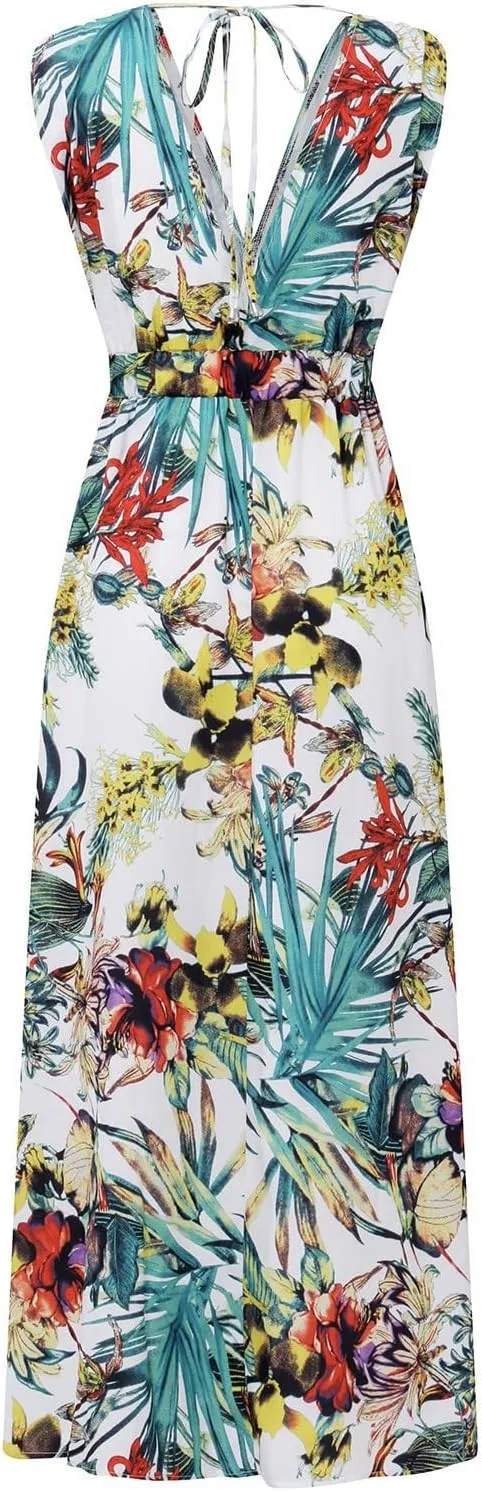 Summer Dresses for Women 2025 Trendy Sleeveless V Neck Floral Hawaiian Dress Flowy Maxi Sexy Beach Sundresses