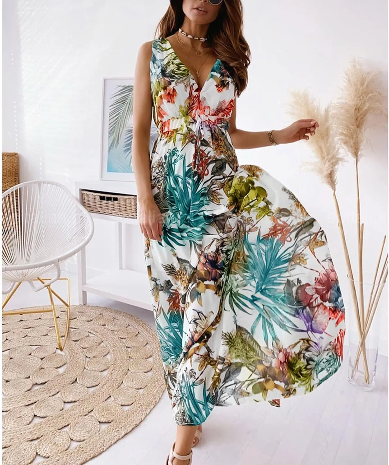 Summer Dresses for Women 2025 Trendy Sleeveless V Neck Floral Hawaiian Dress Flowy Maxi Sexy Beach Sundresses