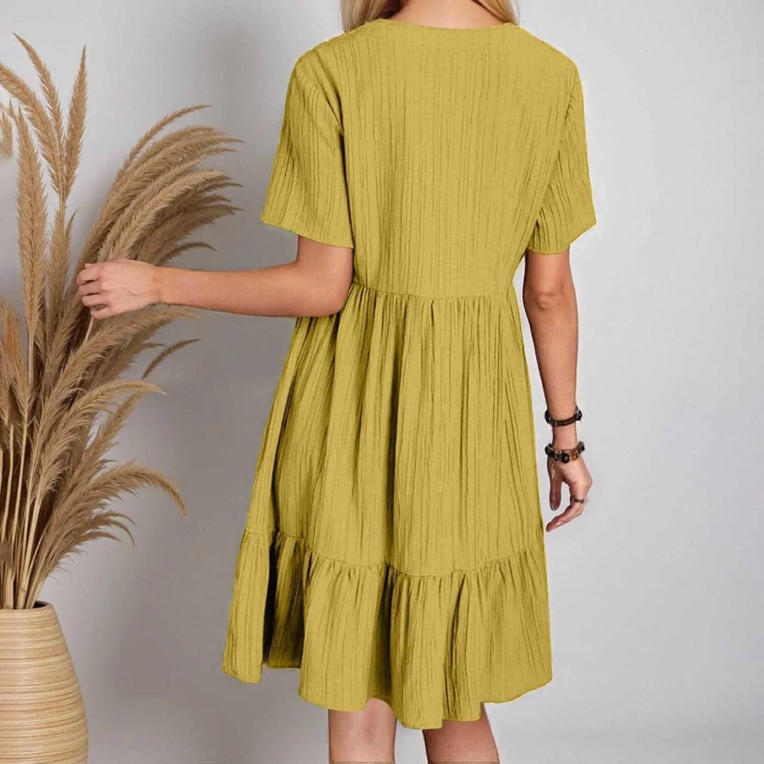 Summer Dresses for Women 2025 Vacation v Neck Flowy Short Sleeve Mini T Shirt Dress Pleated Ruffle Beach Sundresses
