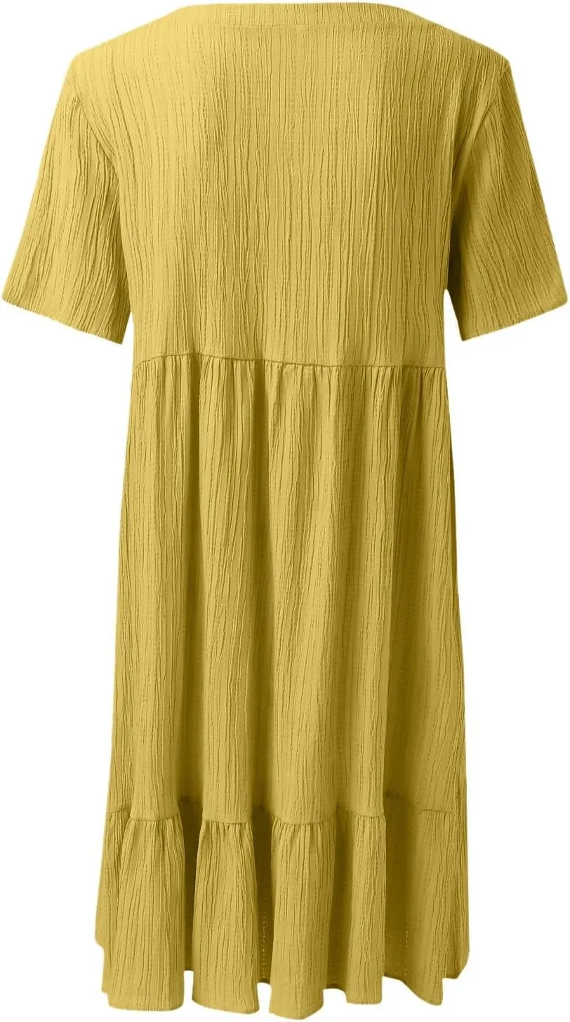 Summer Dresses for Women 2025 Vacation v Neck Flowy Short Sleeve Mini T Shirt Dress Pleated Ruffle Beach Sundresses