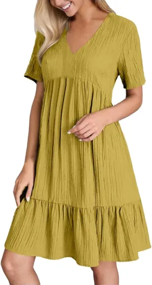 Summer Dresses for Women 2025 Vacation v Neck Flowy Short Sleeve Mini T Shirt Dress Pleated Ruffle Beach Sundresses