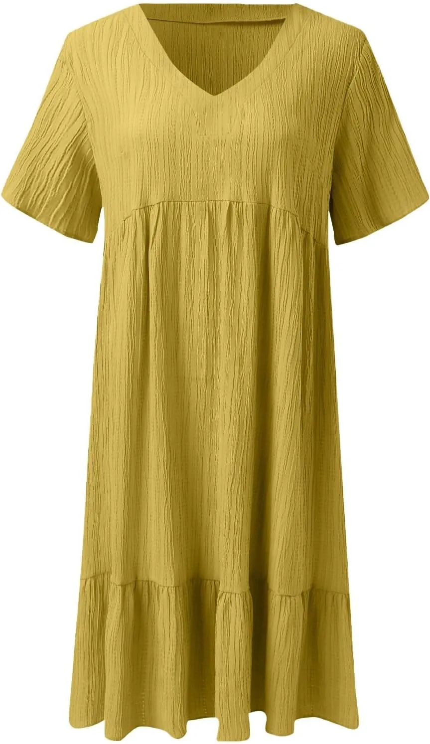 Summer Dresses for Women 2025 Vacation v Neck Flowy Short Sleeve Mini T Shirt Dress Pleated Ruffle Beach Sundresses