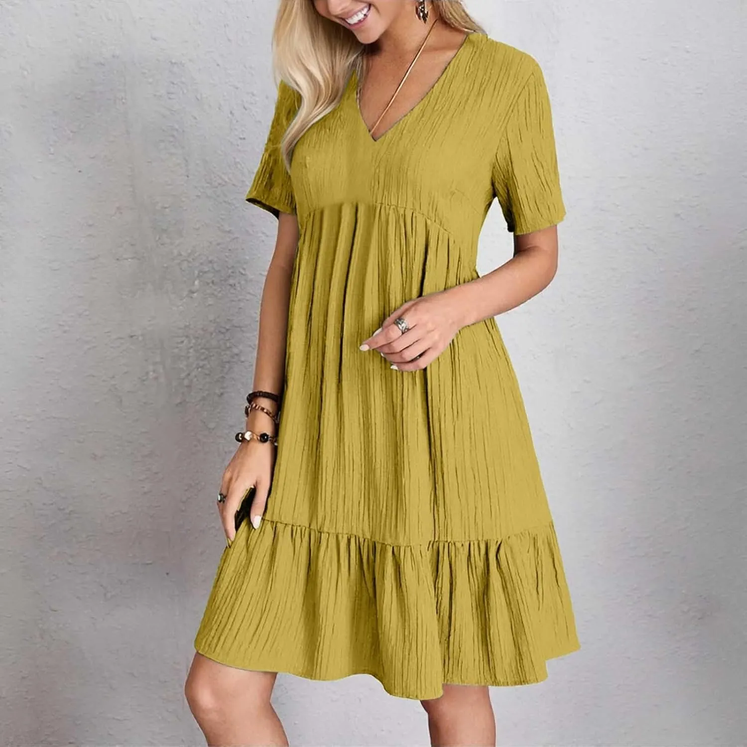 Summer Dresses for Women 2025 Vacation v Neck Flowy Short Sleeve Mini T Shirt Dress Pleated Ruffle Beach Sundresses
